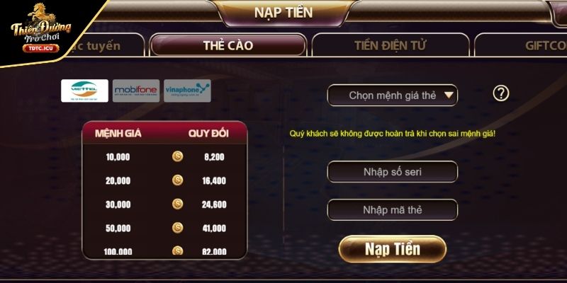 Nạp tiền TDTC bằng thẻ cào